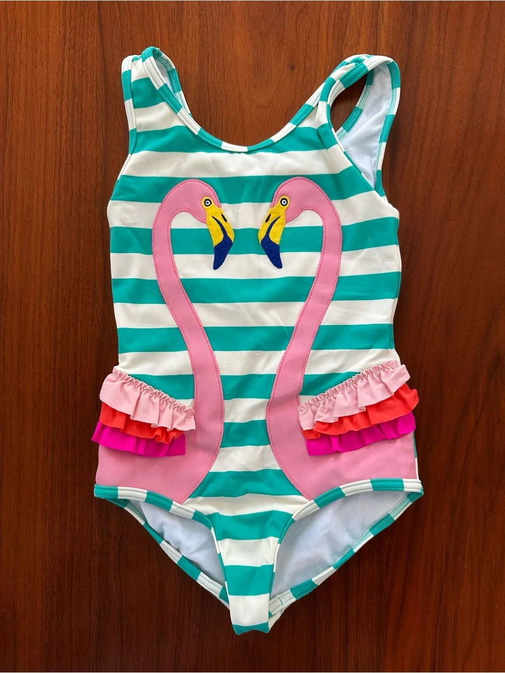 Mini Boden Girls Teal Stripe Flamingo Ruffle One-Piece Swimsuit - Pink Accents